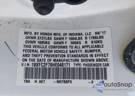 2017 Honda Civic Ex z USA, uszkodzony, nr VIN 19XFC2F76HE048171